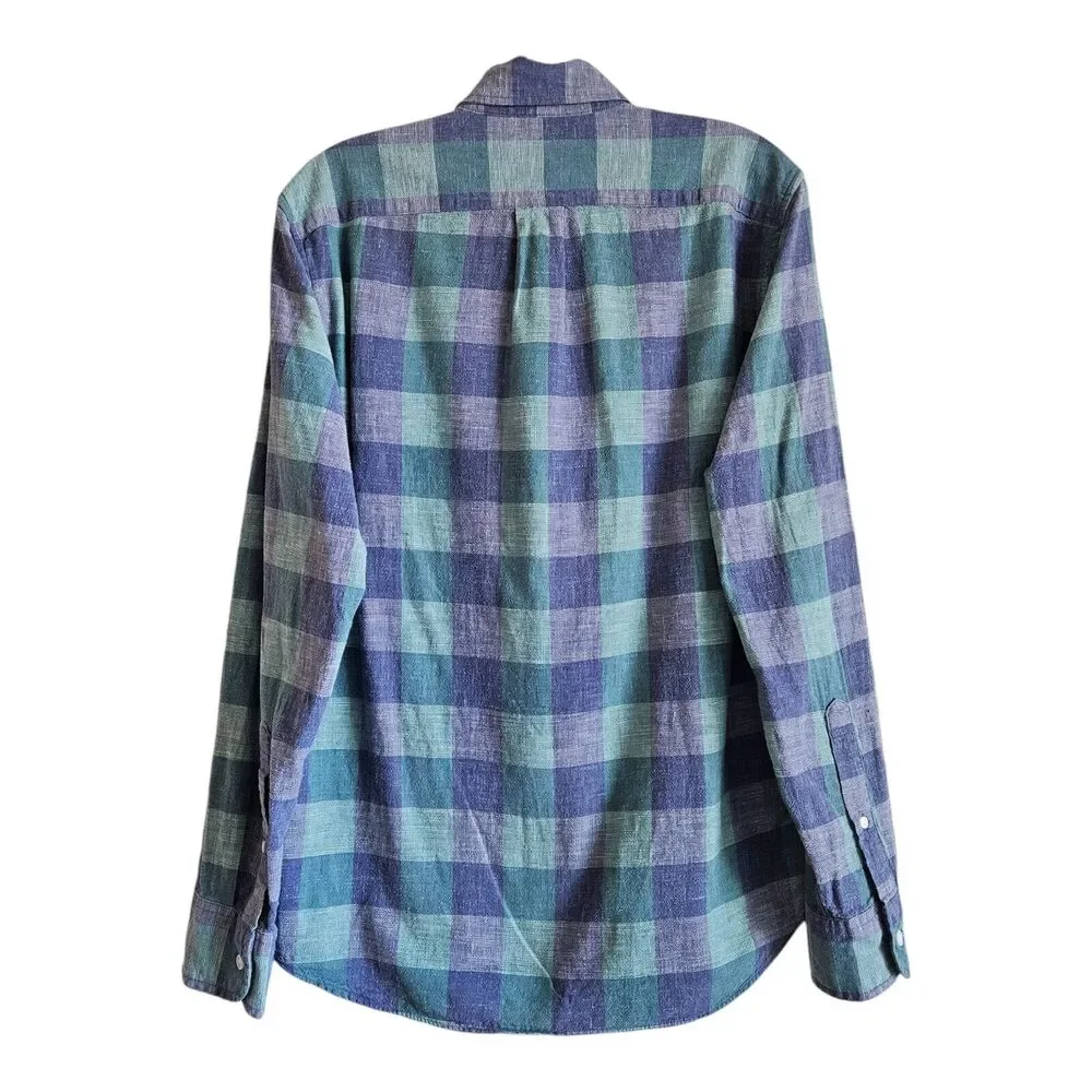 J. CREW Men's S Homespun Shirt Blue Green Check Button Up Long Sleeve Cotton